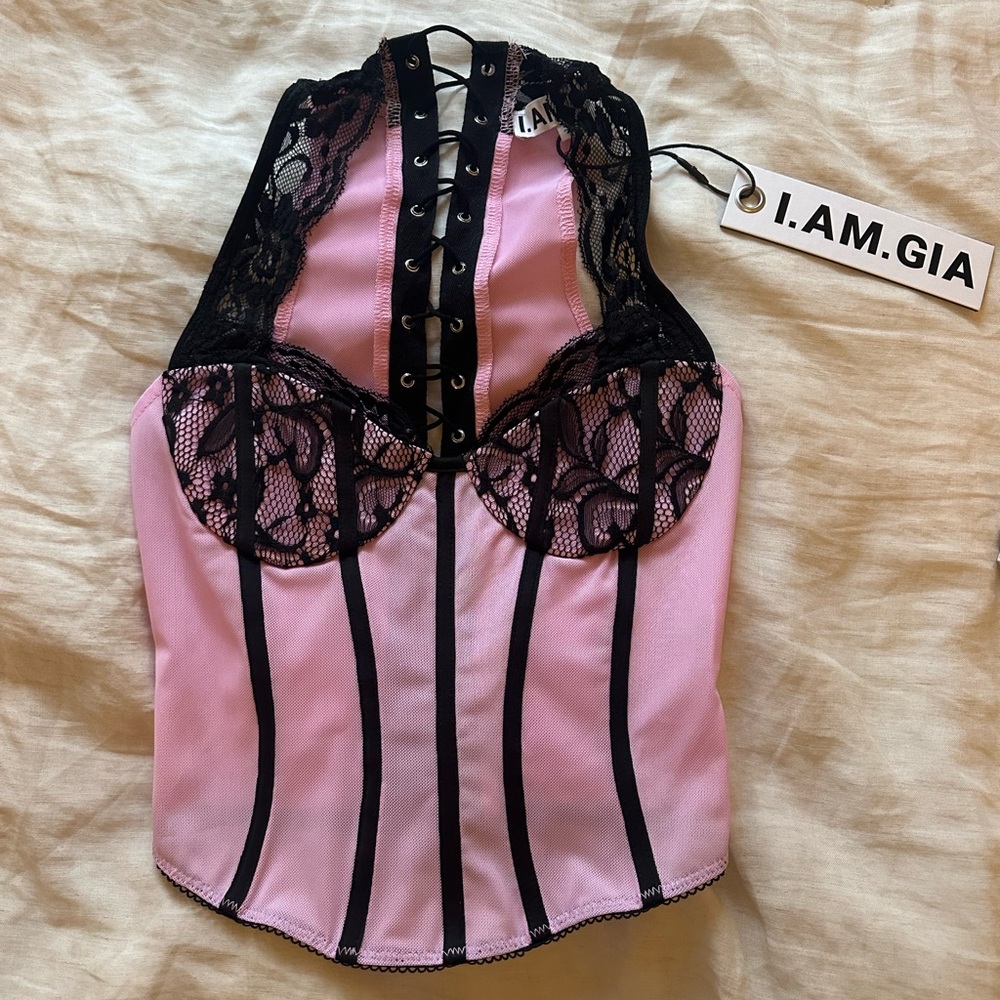 NWT I.AM. GIA. Pink and black lace Corset Top